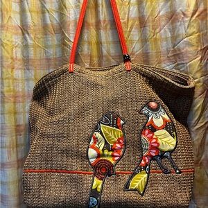 Vera Bradley Brown Woven Tote with Colorful Bird Design